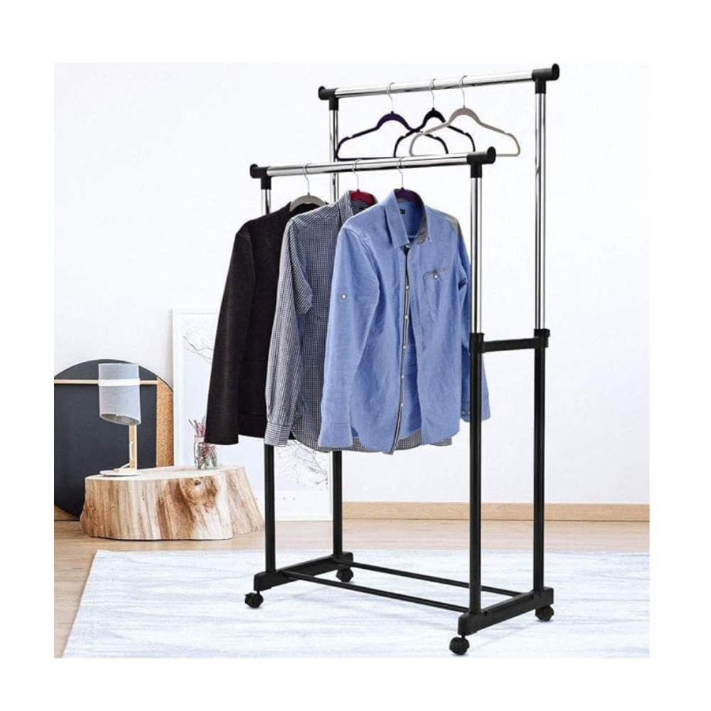 FERCASASHOP - Extendable Floor-Standing Coat Rack in Steel, Telescopic, Extendable with Wheels, Coat Stand, 80 x 43 x 90/160 cm (Double)