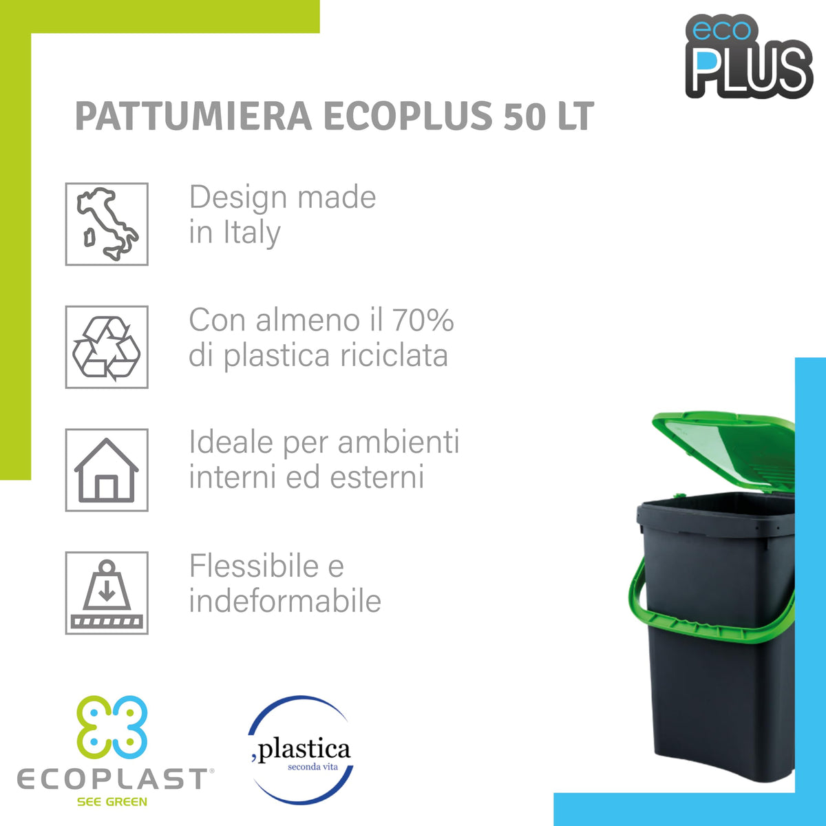 Ecoplast, Waste Separation Bin, Book-Type Opening, Flexible and Non-Deformable, Resistant to All Temperatures, Ideal for Indoor and Outdoor Use, 50 L Capacity, Made in Italy