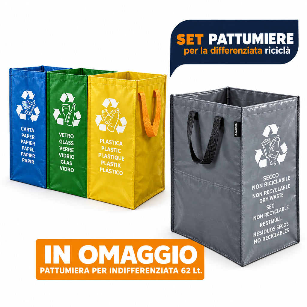 FercasaShop® Open Waste Bins for Indoor and Outdoor Use, Coloured Garbage Bins, Waste Containers, Recycling, Paper, Glass, Plastic + Free 62 Lt. Non-Recyclable Waste Bin
