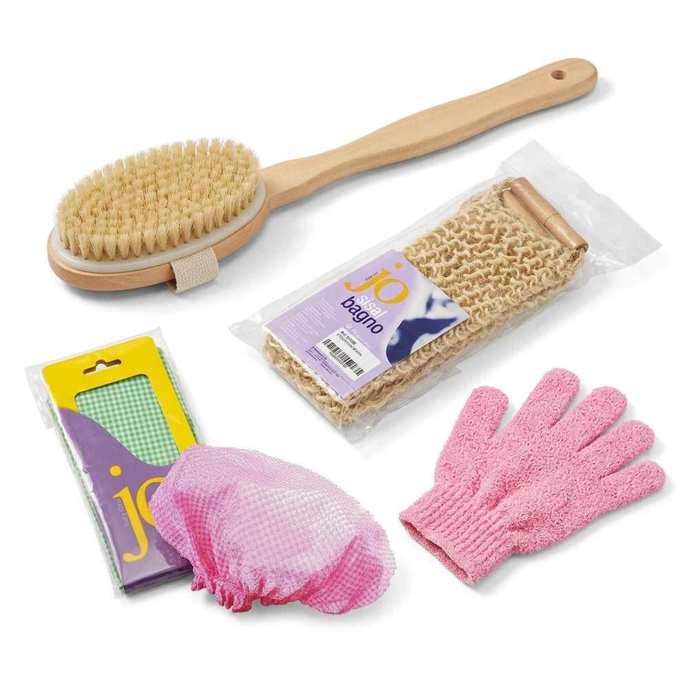 Set Beauty Striscia in sisal,Spazzola lavaschiena in setola, cuffia doccia xxl,guanto bagno in microfibra