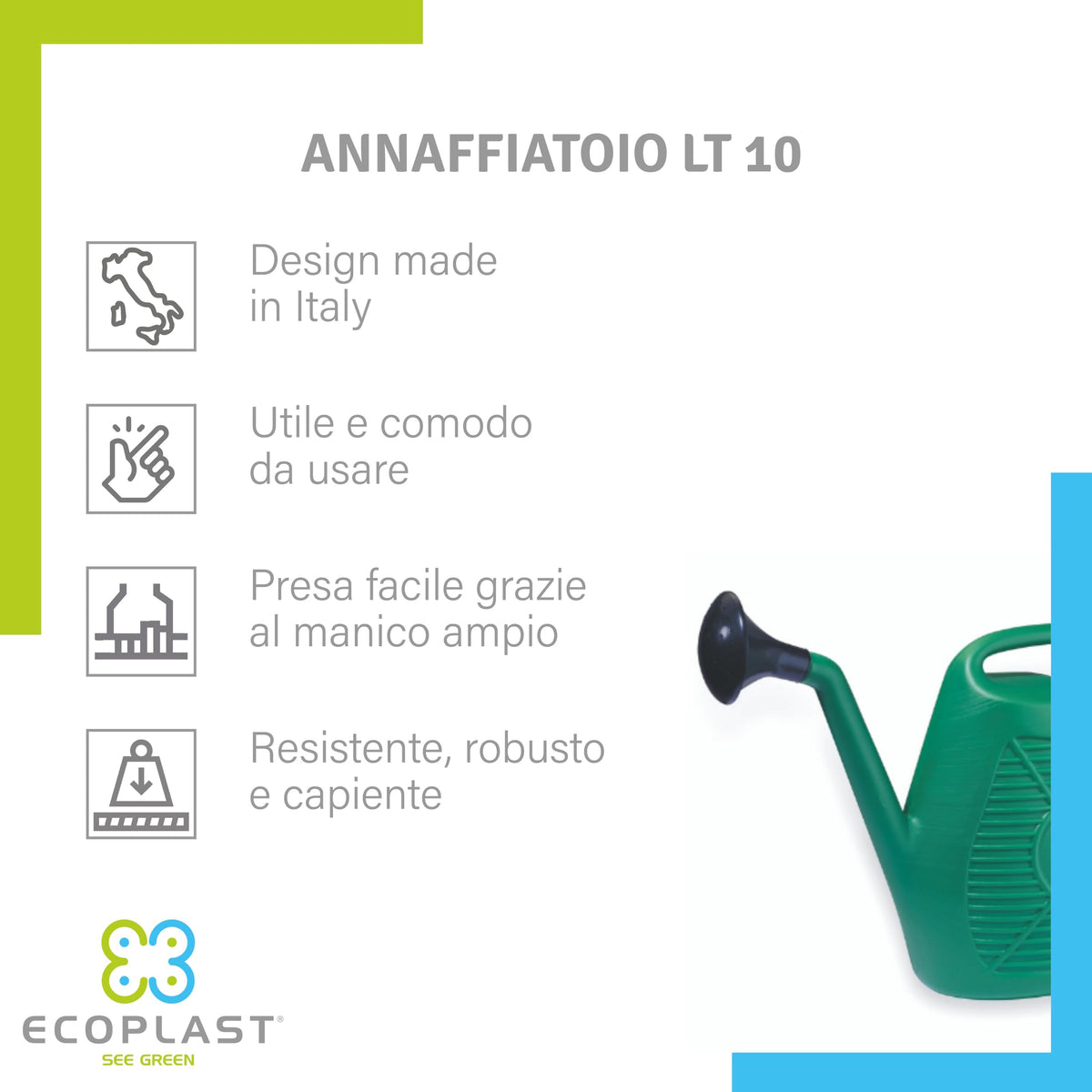 Ecoplast Watering Can, Ideal for Gardening, Plants and Flowers, Easy to Use, Resistant, Long-lasting and Non-deformable, with Shower Head Included, Made in Italy