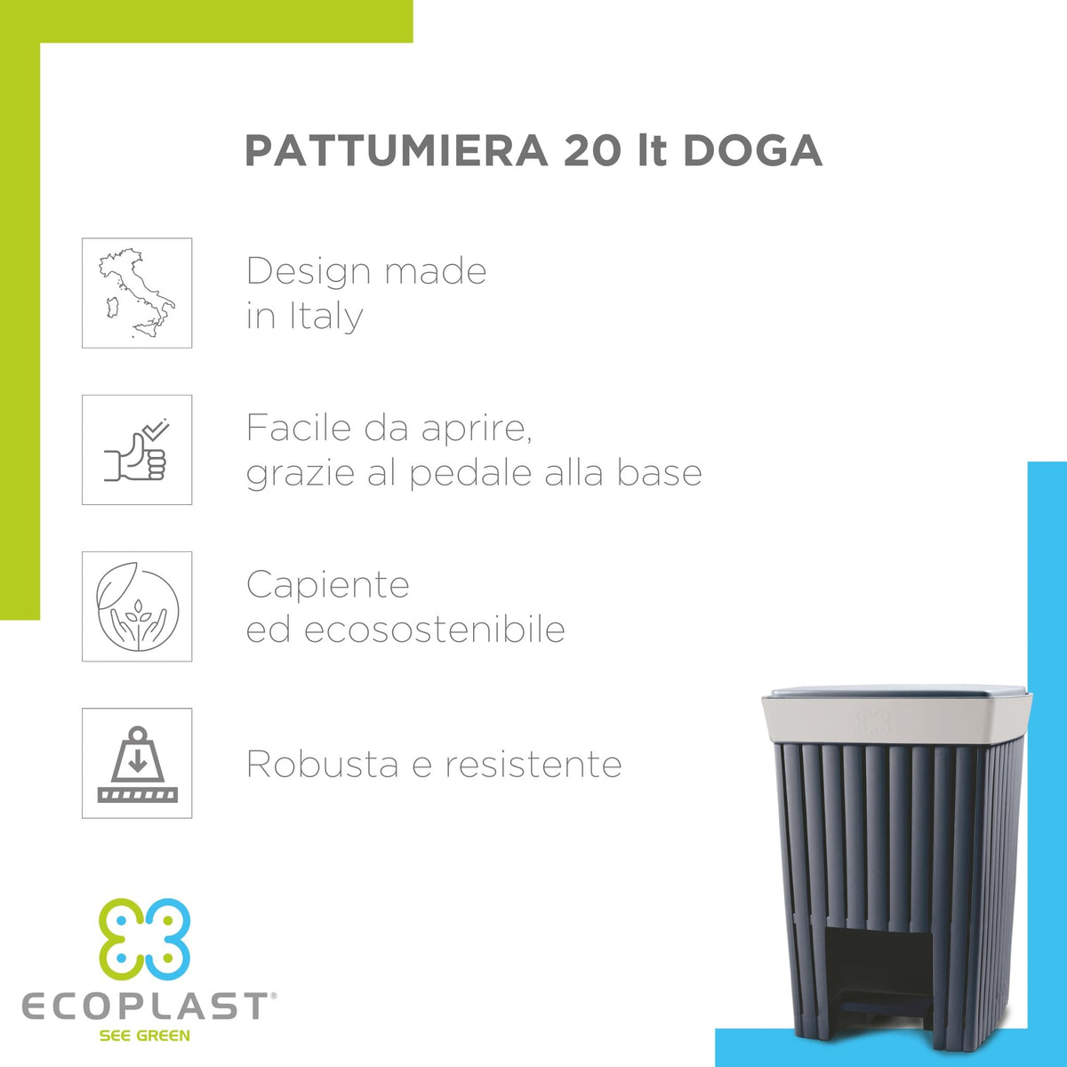 Poubelle à pédale Ecoplast 20L - Conteneur hygiénique avec couvercle, fabriqué en Italie