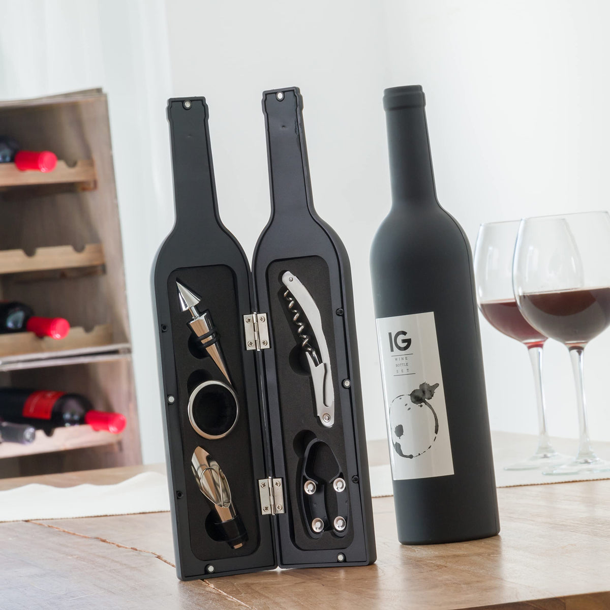 Coffret à bouteilles InnovaGoods® pour accessoires à vin, 5 pièces élégantes et fonctionnelles, design original et magnétique, noir, 7 x 7 x 33 cm, métal