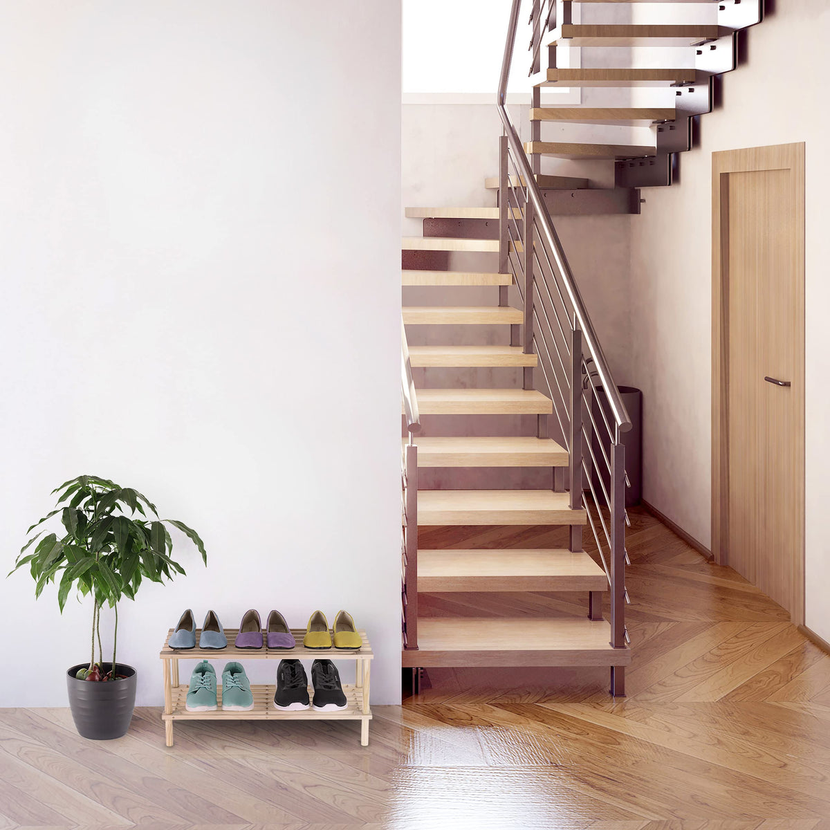 Relaxdays Low Wooden Shoe Rack, Shoe Holder, 2 Open Shelves, 4 Pairs of Shoes, HxWxD: 29.5x63x26 cm, Natural