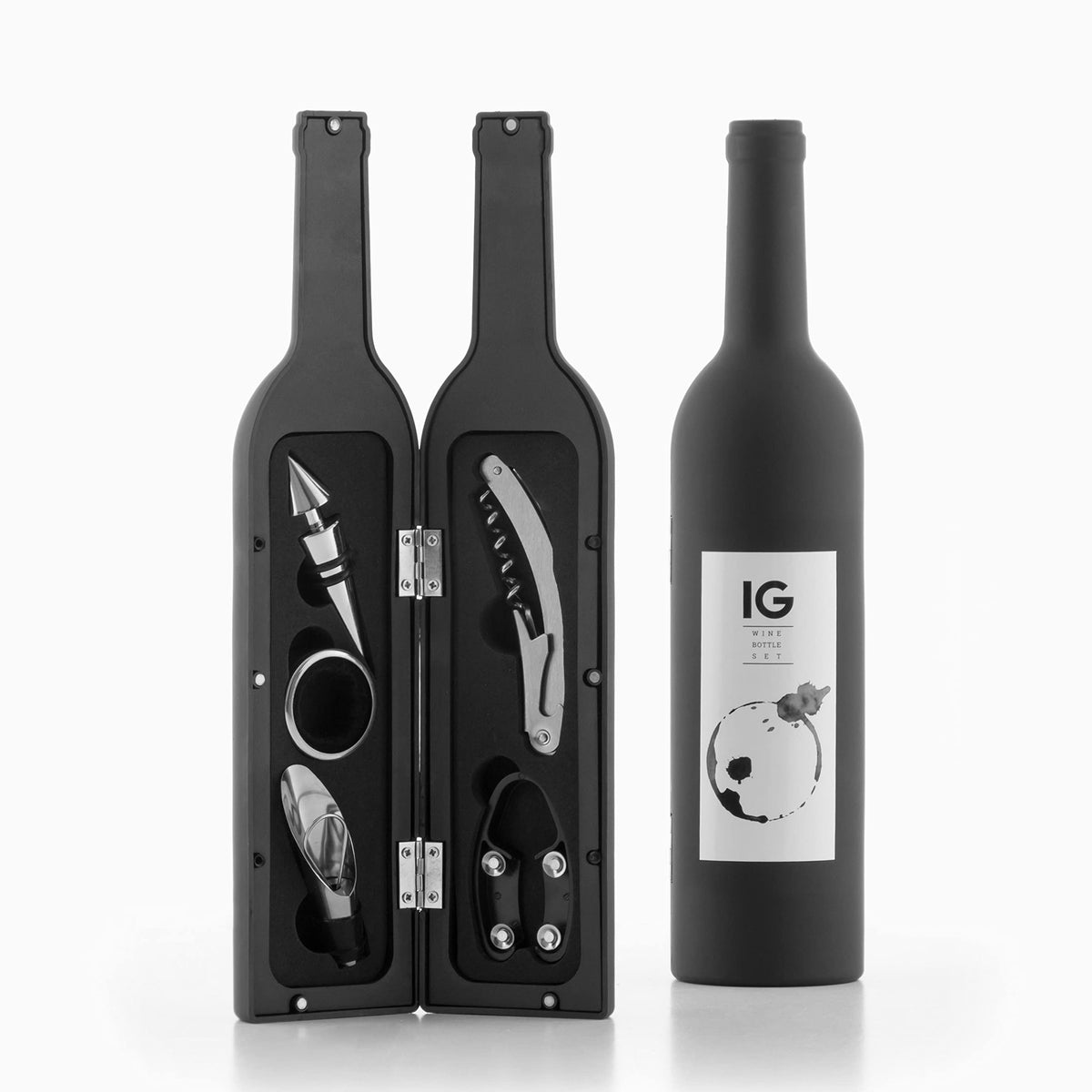 Coffret à bouteilles InnovaGoods® pour accessoires à vin, 5 pièces élégantes et fonctionnelles, design original et magnétique, noir, 7 x 7 x 33 cm, métal