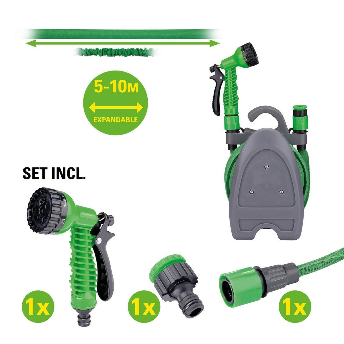 Kinzo 10m Garden Hose with Accessories and Garden Hose Holder, 7-Pattern Spray Nozzle, Plastic, Green/Grey