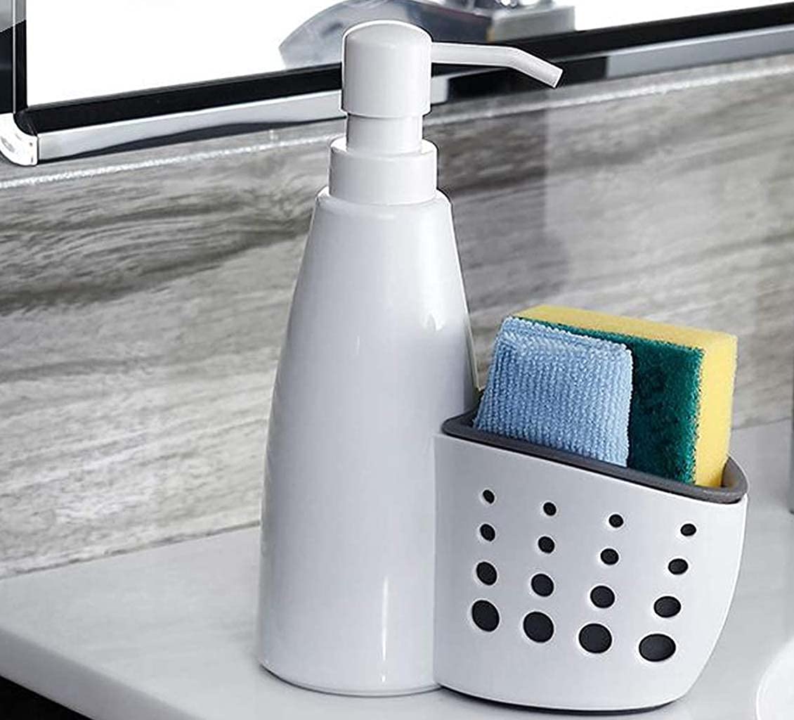 Refillable Soap Dispenser with Sponge Holder in white polypropylene. Dishwashing Detergent Dispenser with sponge and microfibre cloth included.