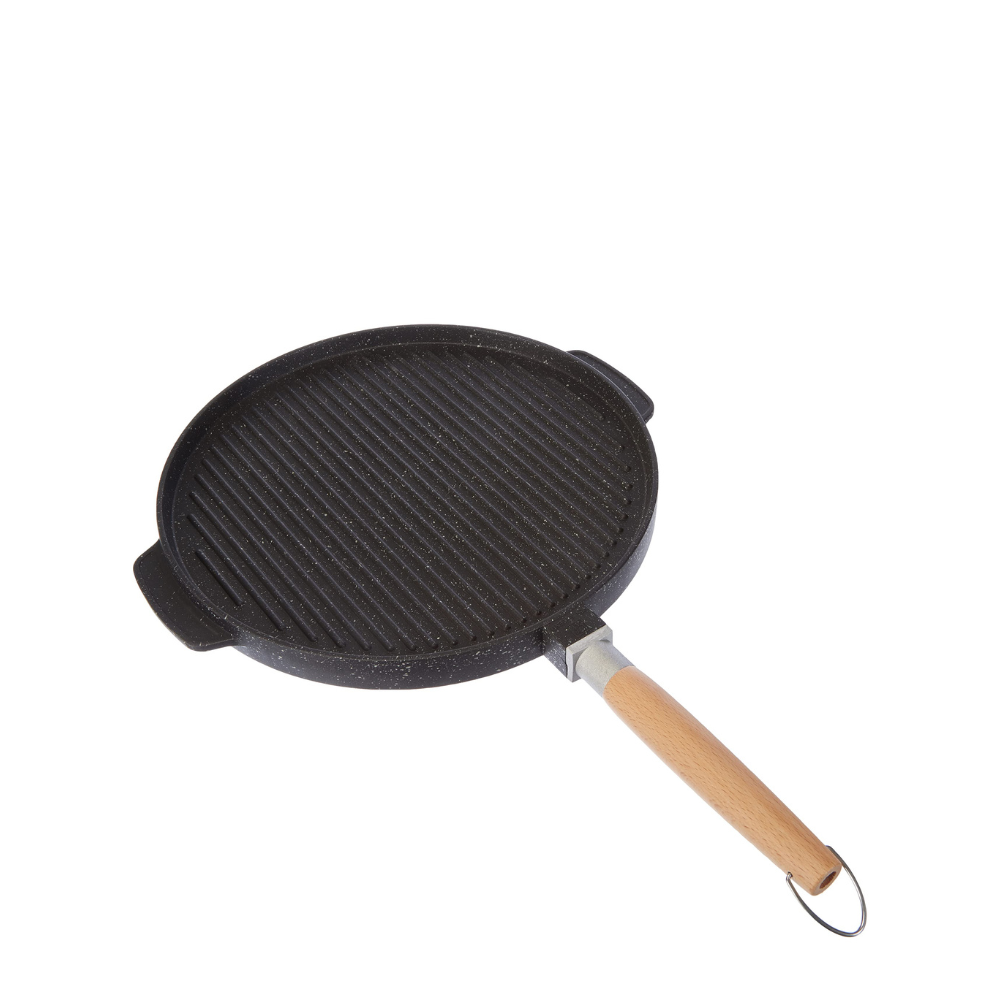GRILL PAN WITH LAVA STONE COATING, DOUBLE SMOOTH AND RIBBED PLATE 28 CM, NON-STICK COOKING WITHOUT OIL