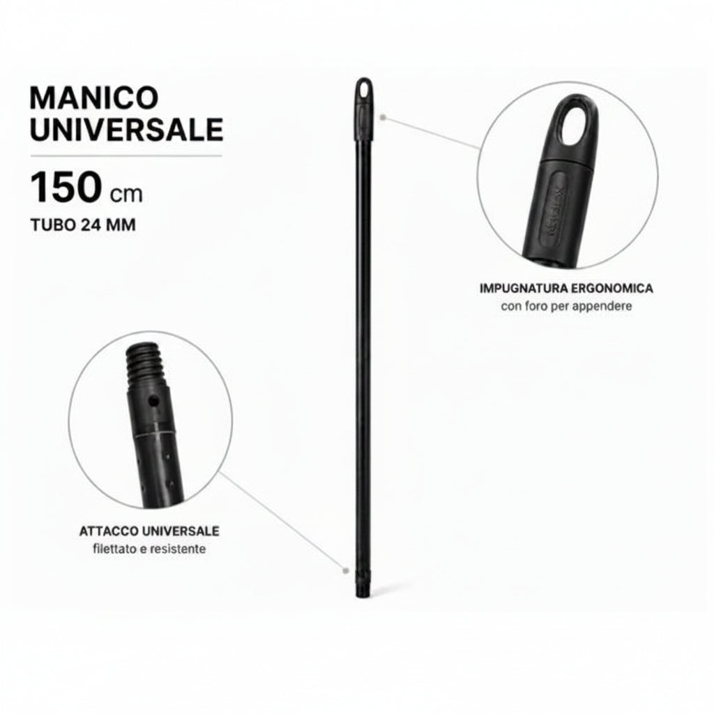 La Briantina Professional Broom Handle, Made of High-Thickness Plastic-Coated Metal, Length 130 cm, Black Color