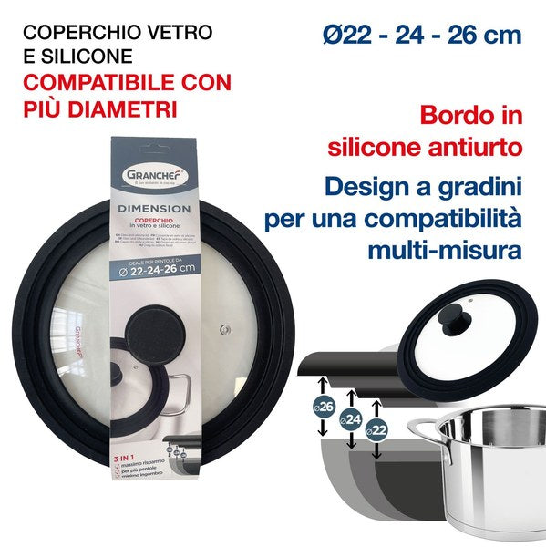 Coperchio Universale in Vetro e Silicone con Foro Vapore – Ø 20-24-26 cm