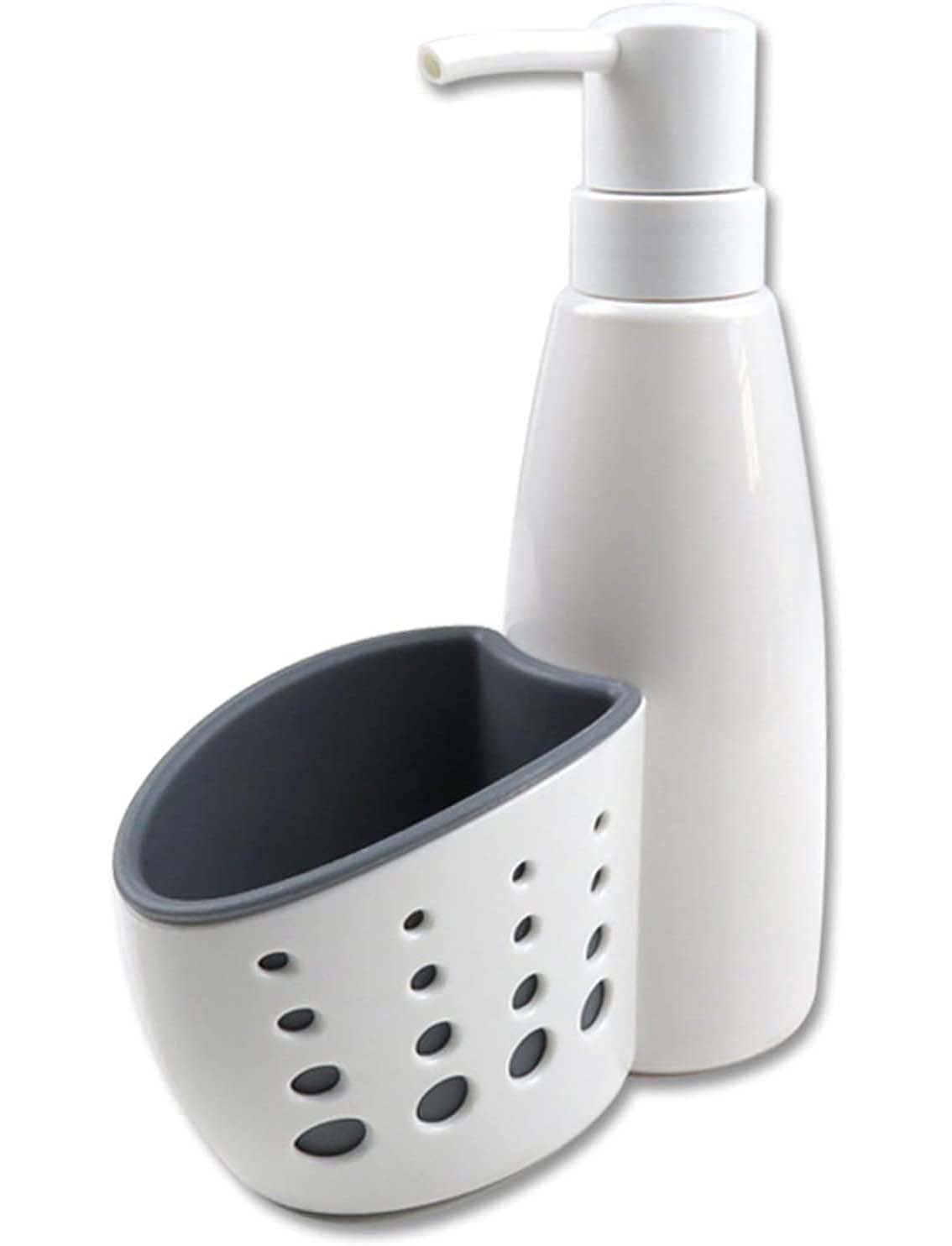 Refillable Soap Dispenser with Sponge Holder in white polypropylene. Dishwashing Detergent Dispenser with sponge and microfibre cloth included.