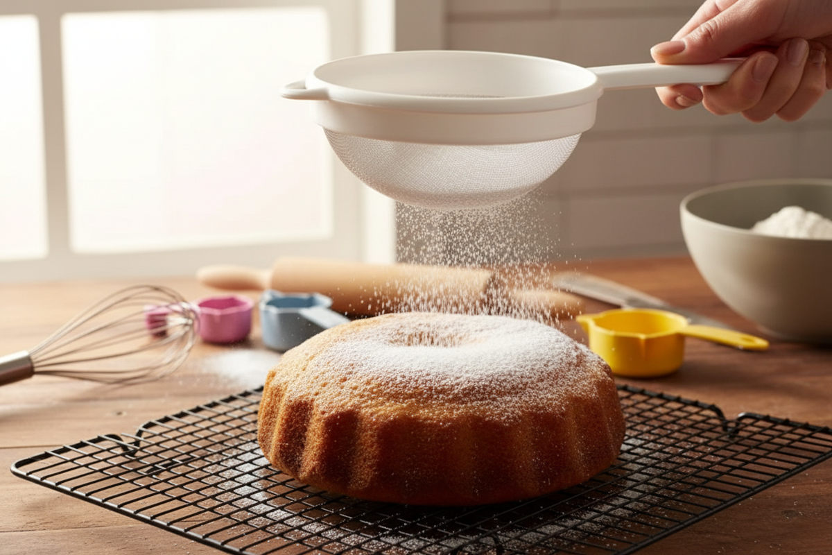 Spolverare zucchero a velo su torta con setaccio