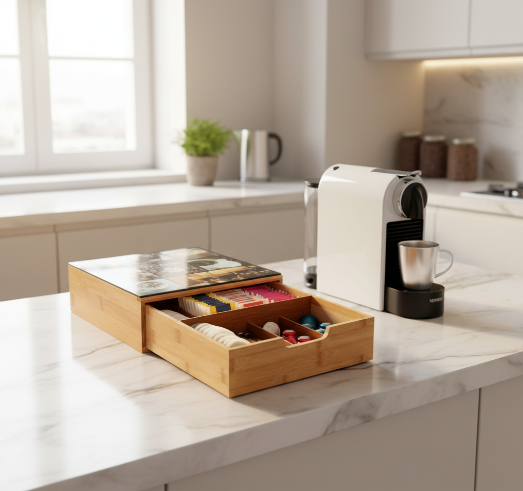 Porta capsule caffè bambù in cucina moderna