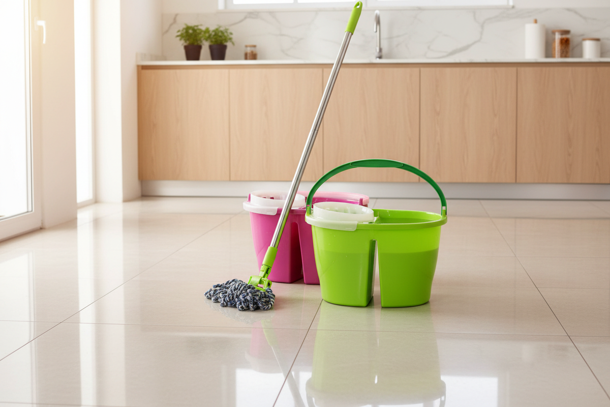 Secchio doppia vasca in uso in cucina moderna italiana per pulizia pavimenti