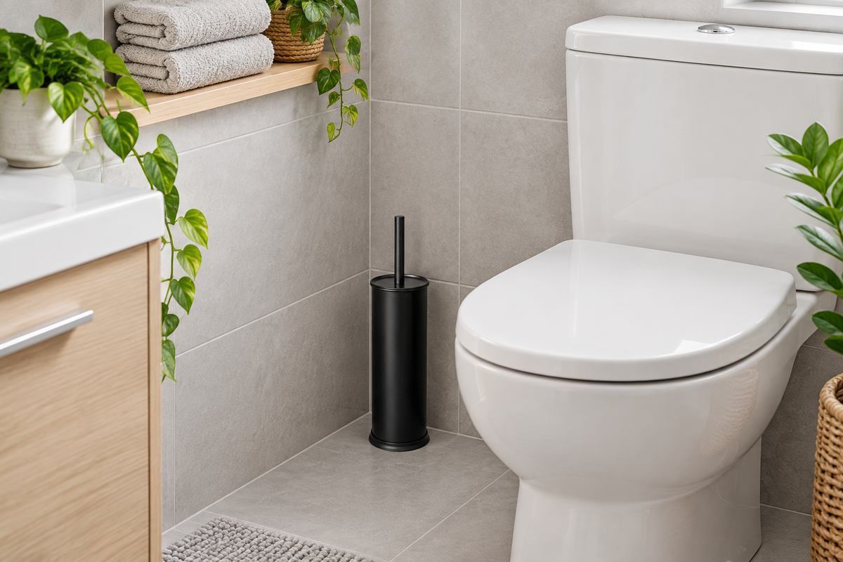 Portascopino nero in bagno piccolo accogliente