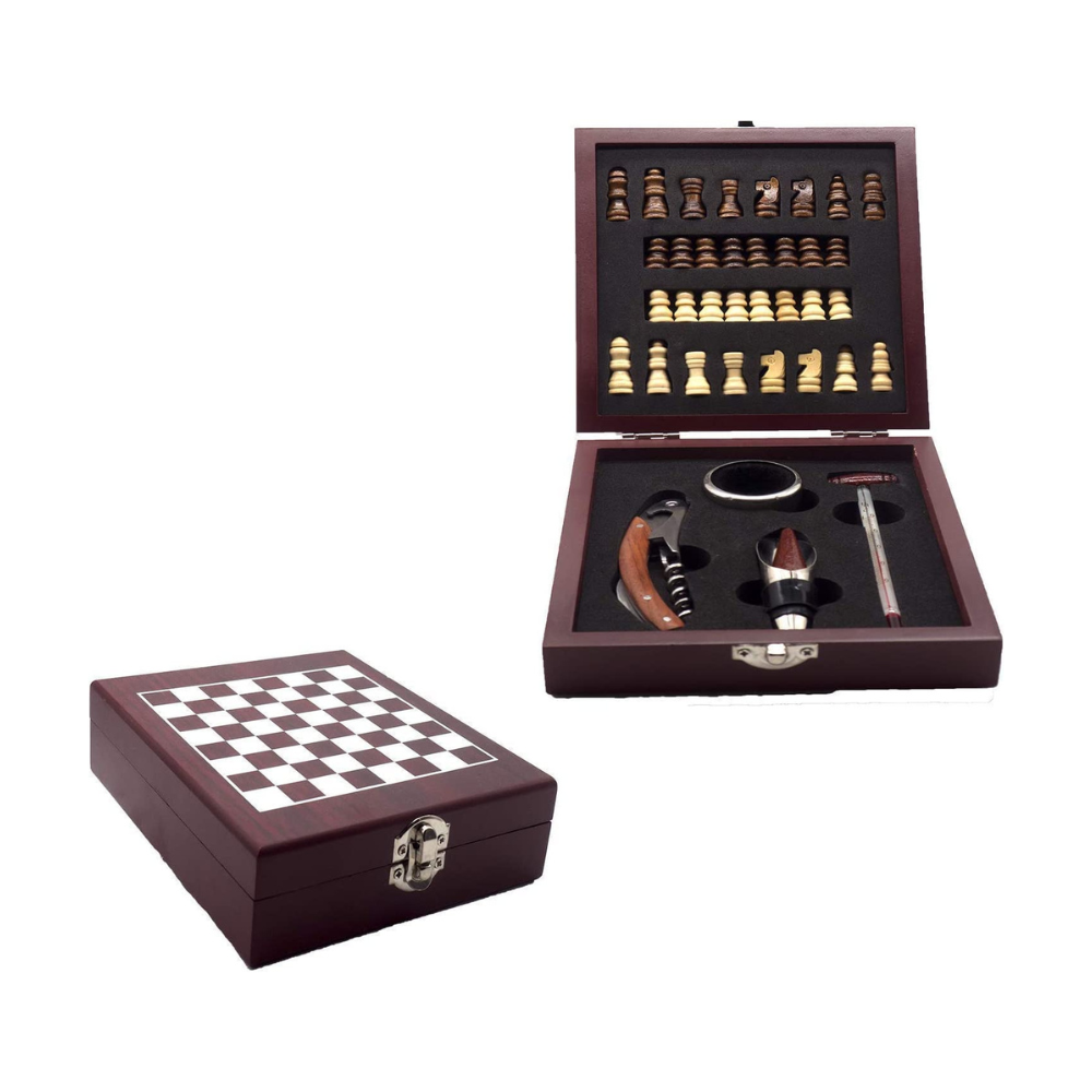 InnovaGoods IG115540 - Kit d'accessoires pour le vin et les échecs : tire-bouchon, bague anti-goutte, bouchon aérateur, thermomètre, marron