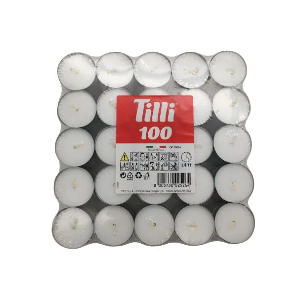Candele Tealight 100pz Durata 4h Cera Paraffina Bianca